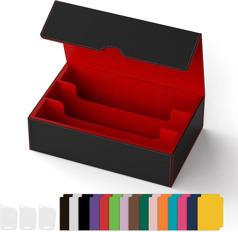 Gomyrod Card Deck Case for 1800+ Sleeved Cards, Trading Card Storage Box with 15 Dividers & 3 Stoppers, Magnetic Closure Commander Deck Box Fit for TCG/MTG/Baseball/Sport Cards, Black & Red - Image 1